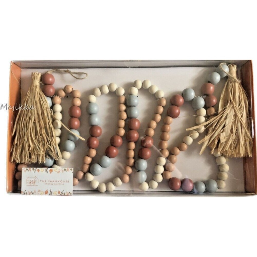 The Farmhouse Wooden Beads Jute Straw Tassels 6 Foot Garland Neutral Beige Cream